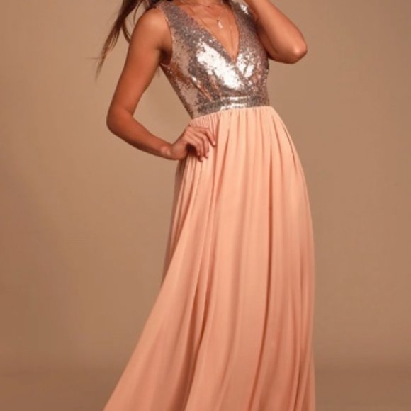 LULU's NWT - Elegant Encounter Rose Gold Sequin Maxi Dress - Picture 2 of 5